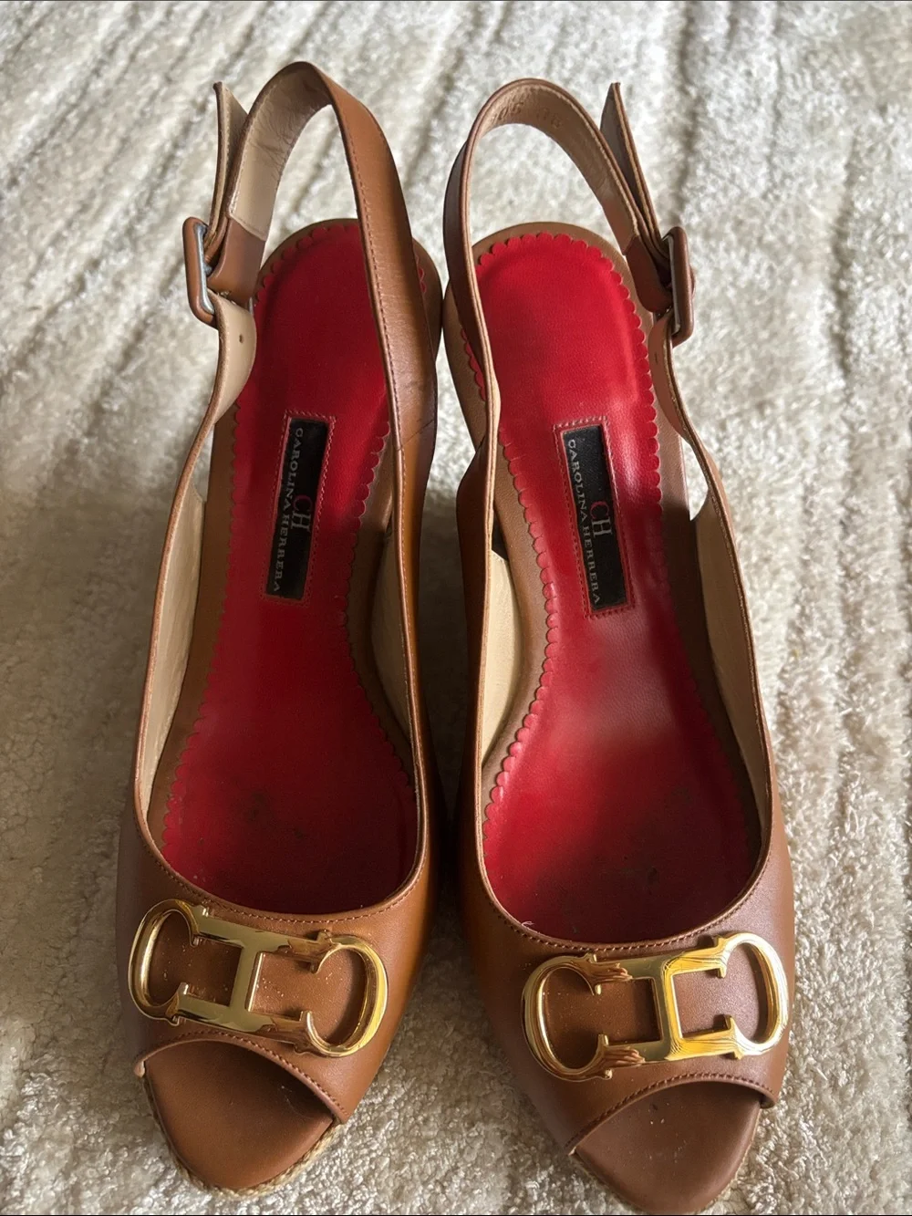 Carolina Herrera Tan Leather Peep-Toe Slingback Heels with Gold Buckle